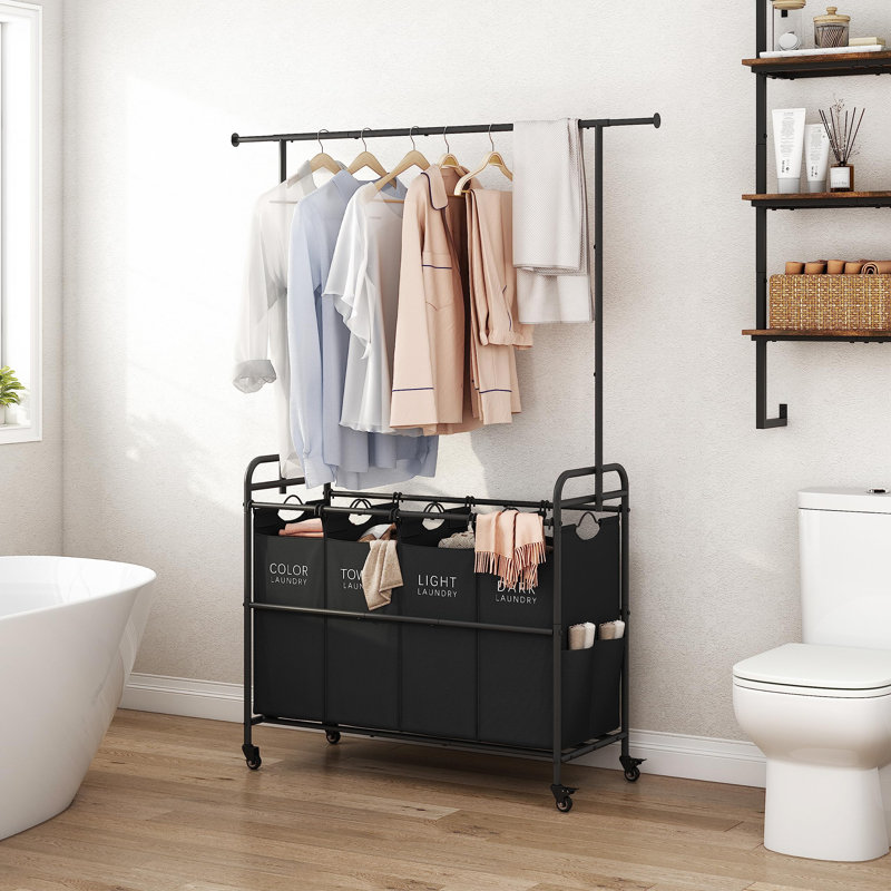 Black Metal Laundry Sorter Cart with Hanging Rack and Wheels