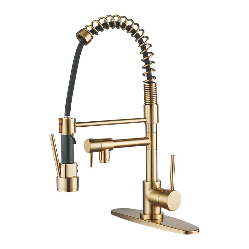 2-Spout Single Handle Pull Down Sprayer Kitchen Faucet With Advanced Spray In Solid Brass, Gold