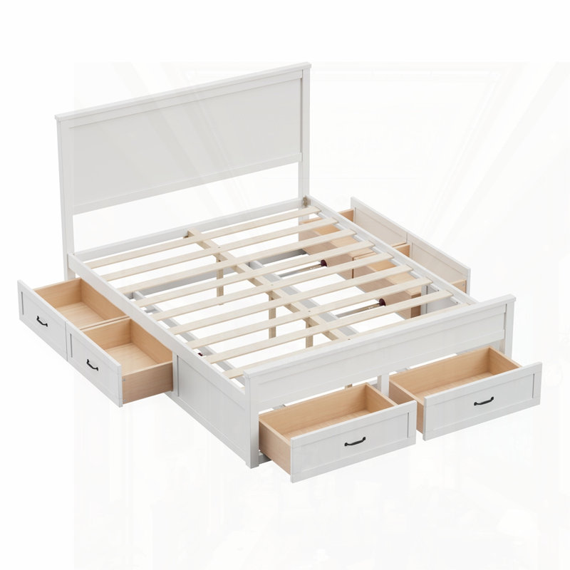 Structure de lit en bois avec 6 tiroirs, Blanc