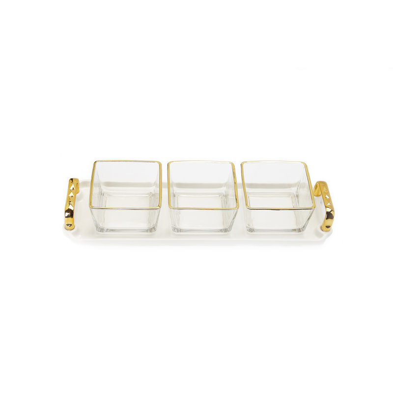 3 plat de service en verre à garniture dorée avec plateau blanc - L 13,5 po