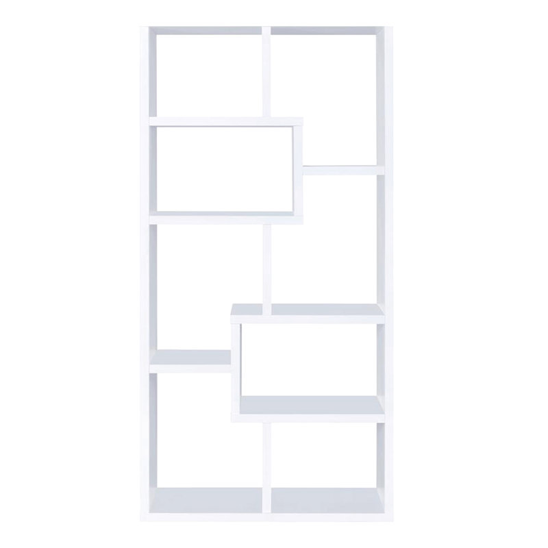Bibliothèque géométrique blanche à dix tablettes avec dossier ouvert, idéale pour l'organisation et les souvenirs, espace vertical de conception moderne, coins de salon compacts, avec dispositif de retenue, fabriqué à partir de
