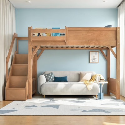 Lit mezzanine en bois massif pour enfants avec garde-robe intégré, escalier et tablettes de chevet, solution de rangement pour chambre à coucher peu encombrante