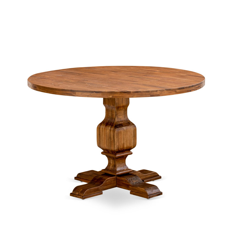 7-piece Dining Room Table Set consists of a Round Kitchen Table and 6 Light Tan Polyester Fabric stackable kitchen Chair, Antique Walnut Finish