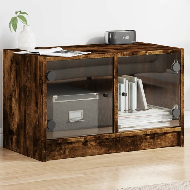 Meuble télé avec portes en verre vidaXL, Chêne fumé