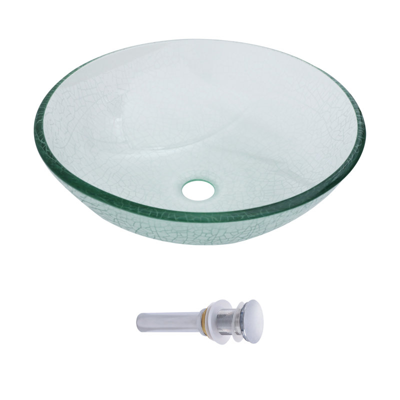 16.5"L x 16.5"W Glass Bathroom Vessel Sink Clear Circle Tempered Glass Bathroom Sink with Pop-up Drain, Clear, 16"L x 16"W