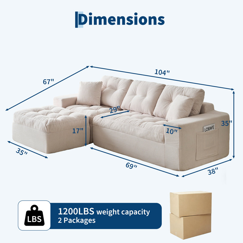 Canapé modulaire 3 pièces Cloud, Velours côtelé beige