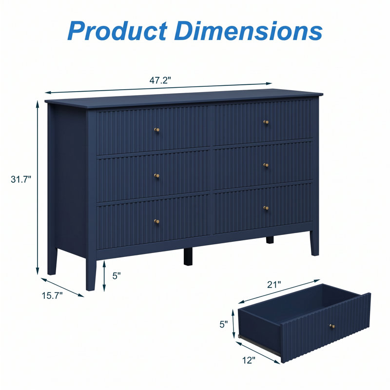 120 cm W Chest of 6 Drawers, Blue