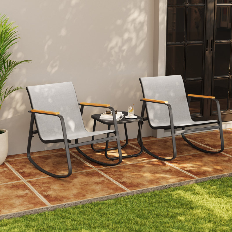 3-Piece Rocking Bistro Set with PVC-coated polyester Chairs – Wooden Armrests, Glass Coffee Table & Cushions, Gray