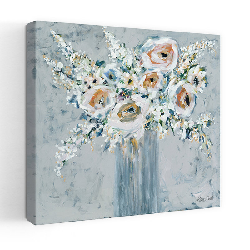 Fleurs dans un vase bleu abstrait, art floral contemporain, H 48 po x l 48 po
