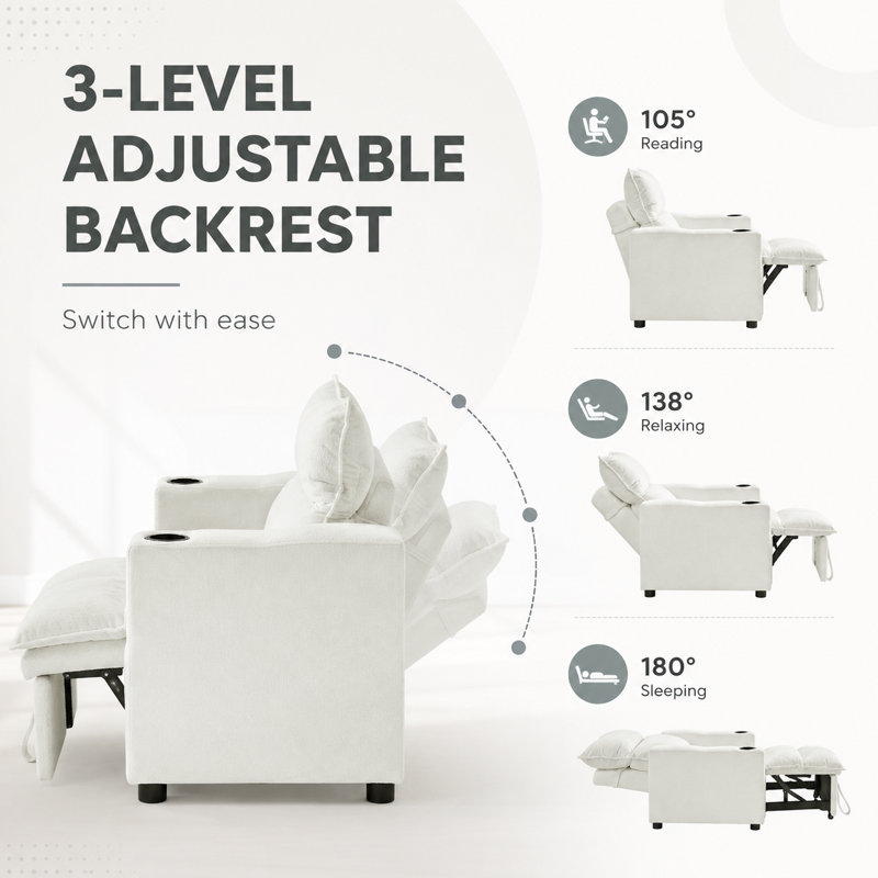 Fauteuil-lit convertible à 3 positions avec dossier réglable, porte-gobelets et coussin rembourré, Beige
