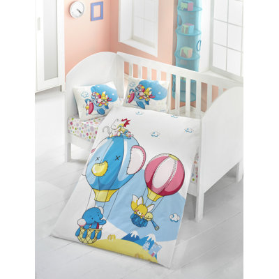 Soft Cotton Ranforce Baby Quilt Cover Set, 39.4 x 59.1 inches | 100% Cotton, 145 Thread Count, Includes Duvet Cover, Flat Sheet & 2 Pillowcases | Machine Washable, Elegant White, Blue, Pink & Yellow Design