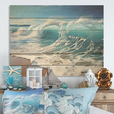 Turquoise Power Of Ocean Wave I - Coastal Wood Wall Art On Natural Pine Wood