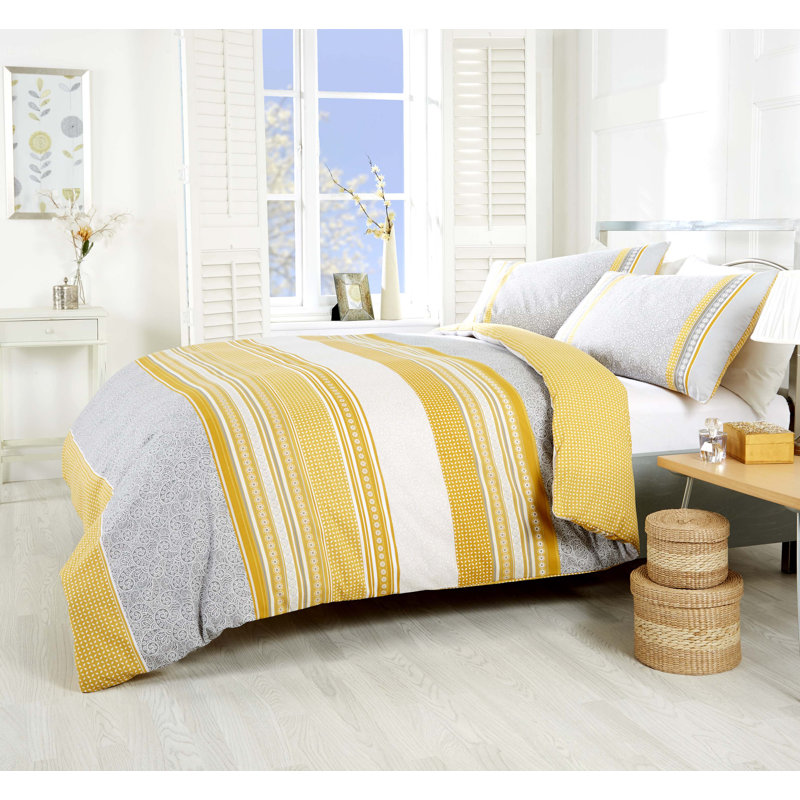 Striped Duvet Cover with Pillowcases, Single Duvet Cover + 1 Standard Pillowcase, Ochre