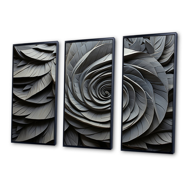 Gris abstrait en spirale de fleurs abstraites - art abstrait spirales, H 28 po x l 36 po x P 1 po, Cadre flottant noir