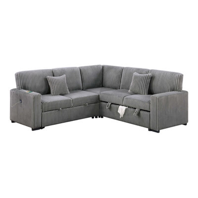 Modern Style Soft Textured 3pc Convertible Sectional Reversible Storage Pull Out Bed USB Port ,Primary Living Room Pillow Included