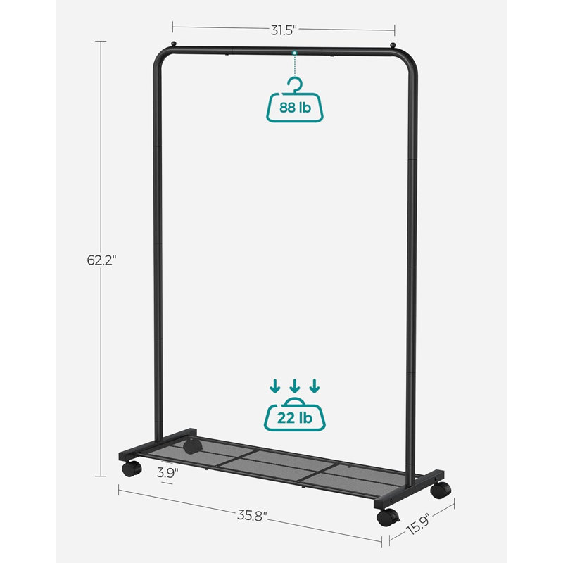 Portant à vêtements en métal avec roulettes, tablette de rangement en filet dense, capacité de 110 lb et 2 freins, Noir