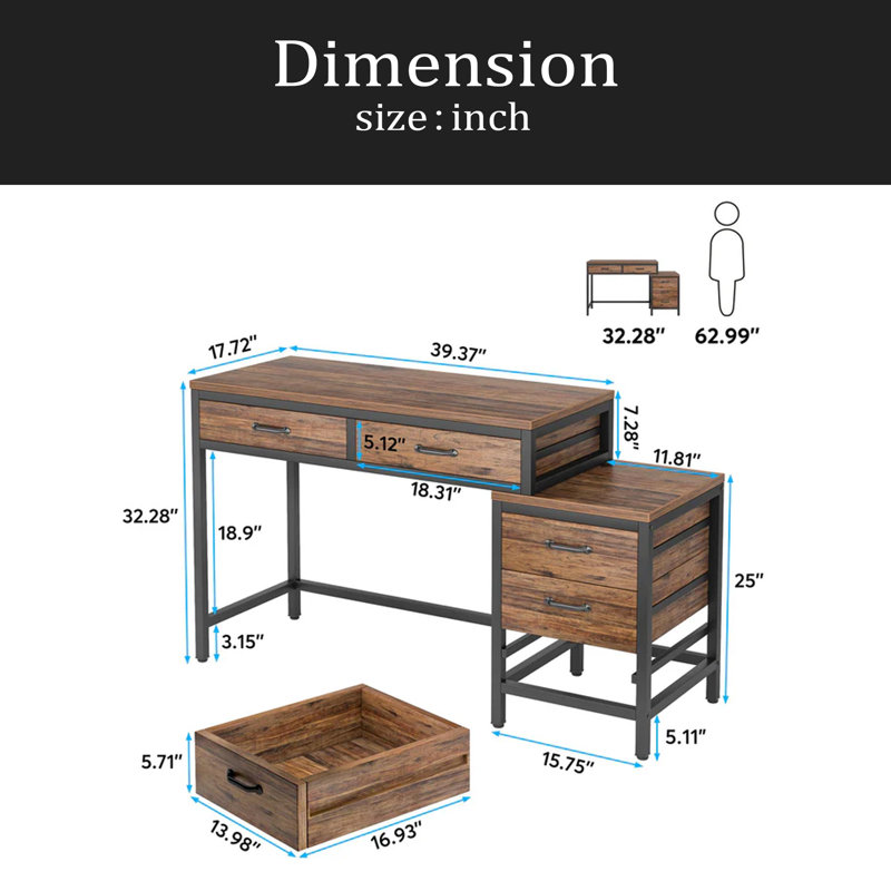 Bureau de style industriel, bureau d'ordinateur, table d'écriture, Brun rustique