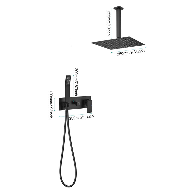 Système de douche noir mat, pomme de douche effet pluie de 25 cm (10 po) à montage au plafond avec douchette, ensemble robinetterie de douche avec corps de vanne et trousse de garniture inclus