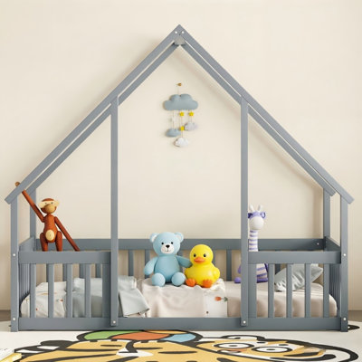 Wood House-shaped Floor Bed With Fence, Guardrails