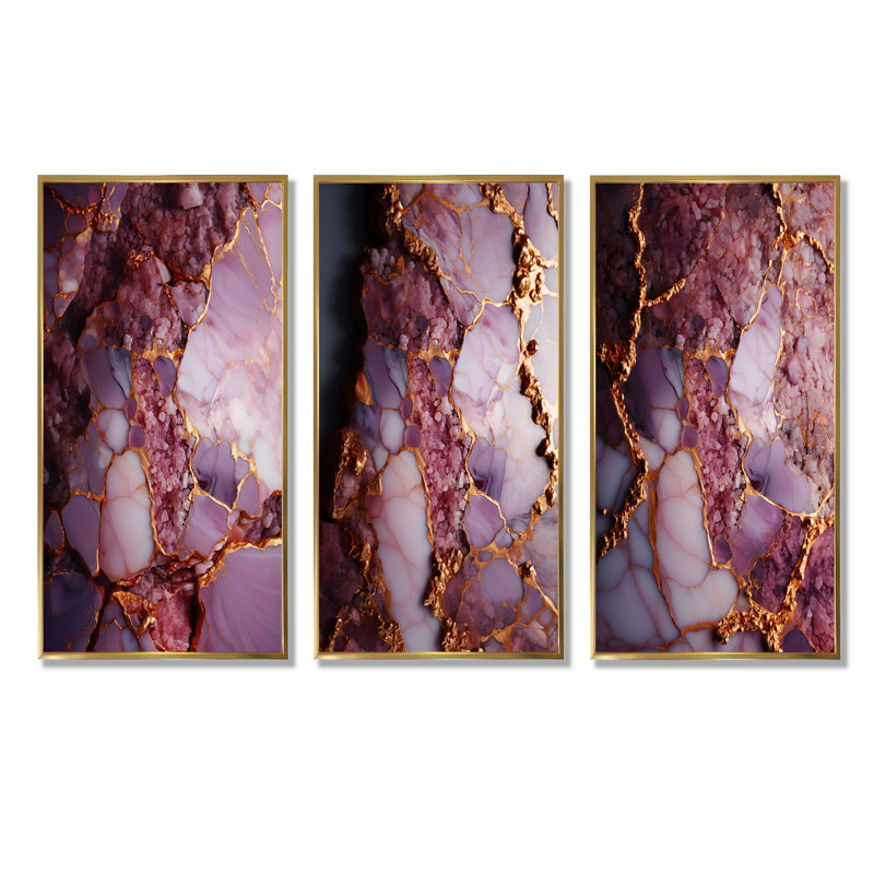 Rose et or, agate de marbre, rivière I - ensemble de 3 reproductions d'art abstrait, Cadre flottant doré, H 32 po x l 48 po
