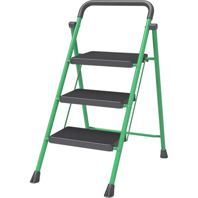 Tabouret pliable vert à 3 marches - Escabeau pliable robuste pour adultes, capacité de 500 lb, pieds antidérapants et marches larges, structure en acier robuste, conception légère et peu encombrante pour la maison, la cuisine et le garage