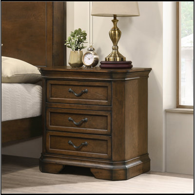 Traditional Wood 3-Drawer Nightstand, Antique Walnut/Brown