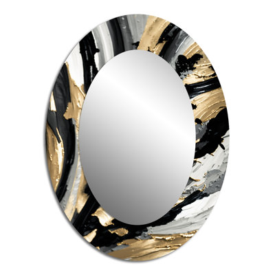 Rhythm Of Pleasure Abstract Black And Gold I - Large Oval Wall Mirror On Metal