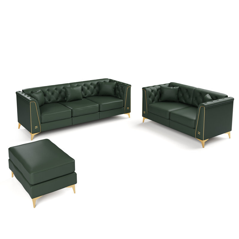 Ensemble de salon 3 pièces Chesterfield, Vert, 3 Pieces: Sofa, Loveseat, Ottoman