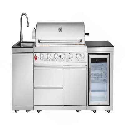 Outdoor Kitchen Island 82.5 Inch 6 Burner Propane Gas BBQ Grill 83500 BTU 304 Stainless Steel With CSA, ETL Certification + Sink + Refrigerator