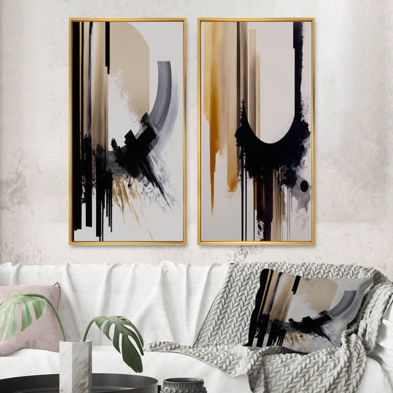 «Black, White and Gold Expression IV», 2 pièces sur toile, Encadrement doré, H 32 po x l 32 po