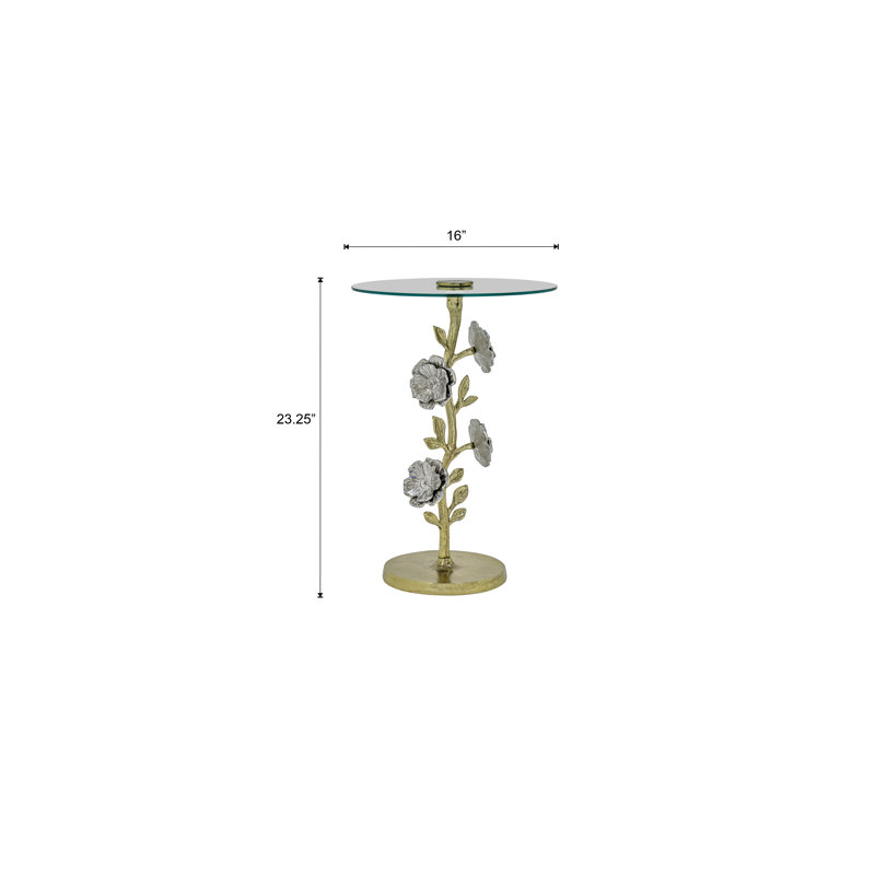 Flower Side Table with Glass Top | Decorative Sculptural End Table | Aluminum Base | Accent Table for Living Room | 16x16x23.75"