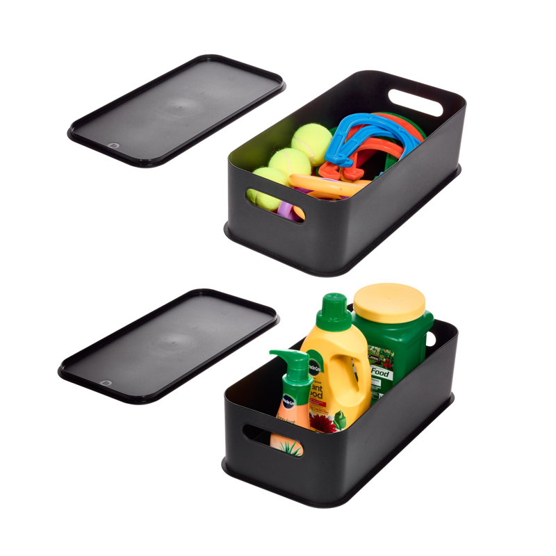 iDesign Recycled Plastic Bin with Lid and Handles, Set of 2 – Matte Black