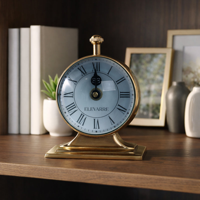 Aparicio Decorative Round Aluminum & Glass Double Sided Tabletop Clock with Compass Dial for Home Decor - Vintage Desk Accent for Office or Entryway - 7", Gold