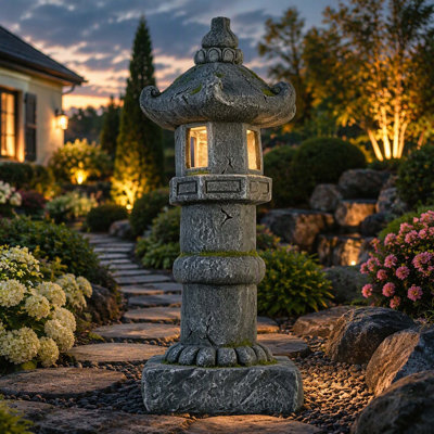 Magnesium Oxide Solar Pagoda Garden Statue with Warm LED Light, Oriental Stone Tower Lantern Outdoor Yard Patio Decor Ornament, Ideal Gift, 27.56"