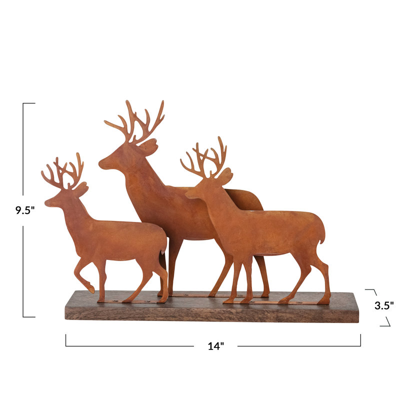 Antique Iron Reindeer Figurine on Mango Wood