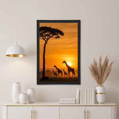 Silhouette, girafes marchant au coucher de soleil doré, art mural sur toile