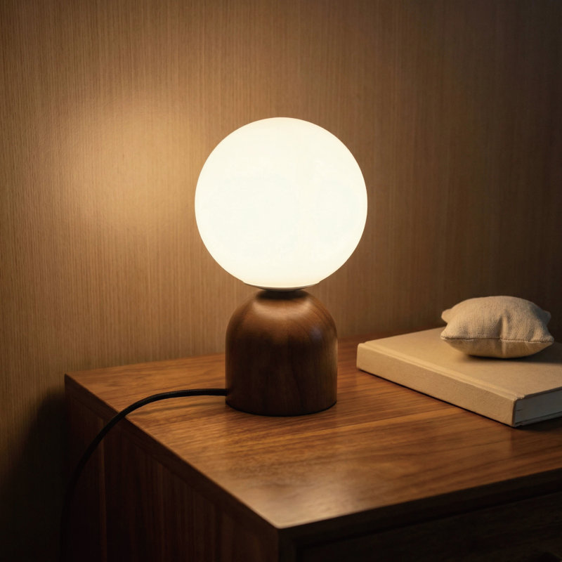 Lampe de table en bois massif de 25 cm de hauteur avec abat-jour globe en verre opale de 15 cm, intensité variable en continu de 0 à 100 %, douille E12, homologuée UL