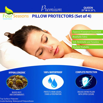AllergyGuard Pillow Armor - Set of 4 Queen Size Waterproof Pillow Protectors. Zippered Dust Proof Encasements for Ultimate Protection and Comfort.