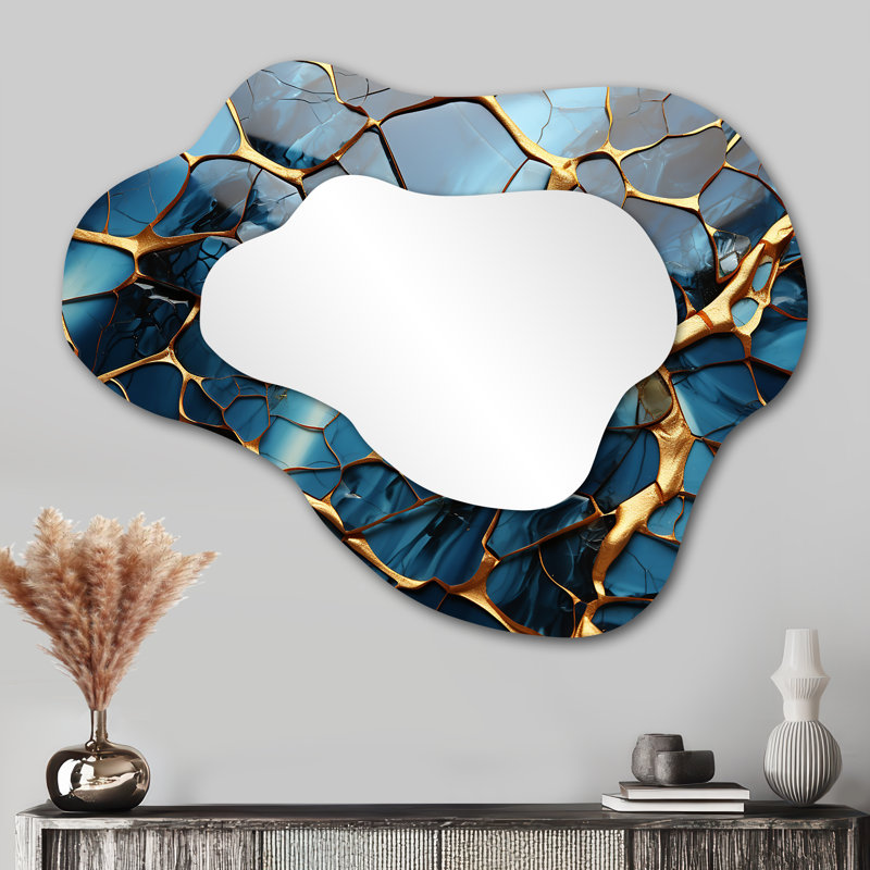 Gold and Blue Marble Mosaic Agate I - Abstract Cloud Unique Wall Mirror, Modern Asymmetrical Mirror, Printed Metal Art