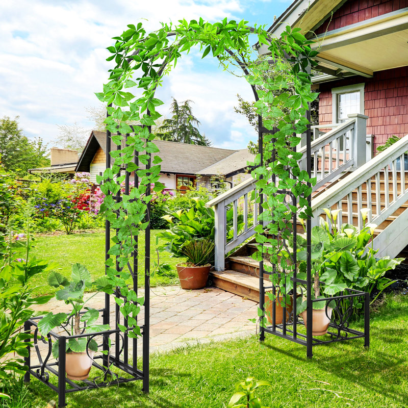 Arche de jardin en acier de 6,7 pi avec bacs à fleurs, gris foncé, pour pelouse, L 82,7 po - cœurs de vignes grimpantes, jardin, cérémonie, jardinières