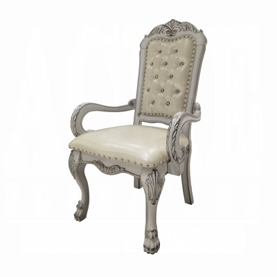 Dining Room Arm Chair Of 2 In And Bone White, Elegant Intricate Design, Button Back, Faux Leather Seat White For 2 , Classic Legs, Modern Flair Upholstery, Finish