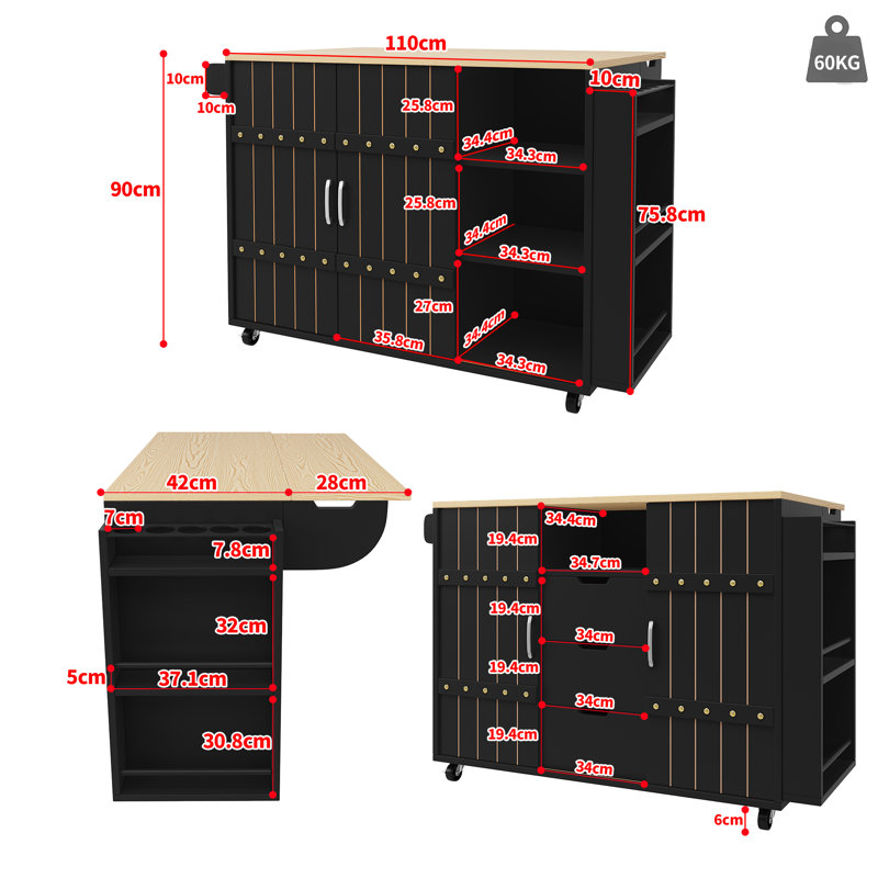 Kitchen Island With 3 Drawers And 2 Sliding Doors, Black