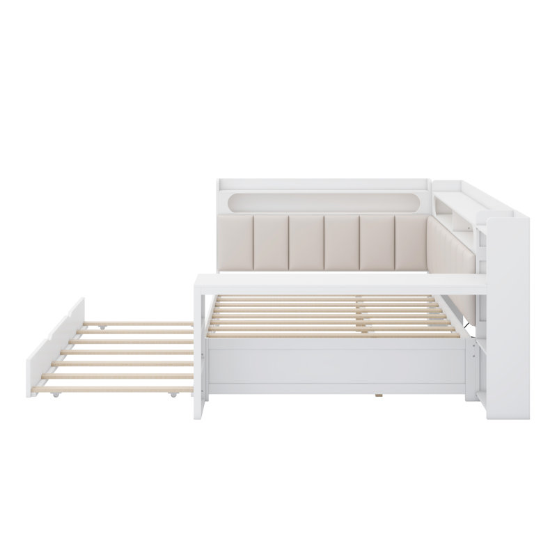 Multifunctional Daybed with Integrated Desk, Storage Shelves, and Expandable Trundle, Featuring Built-in Charging Station and LED Lighting