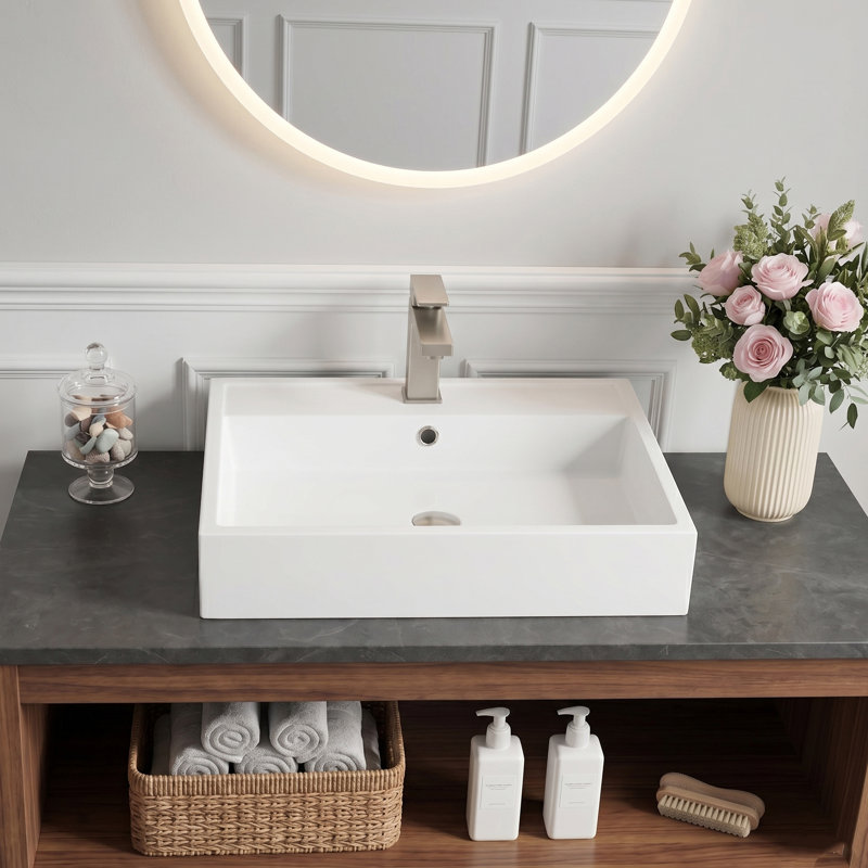 24" L x 19" W x 5" H Bathroom Vessel Sink, Rectangular Solid Surface Above Counter Vanity Basin with Faucet Hole, Matte White