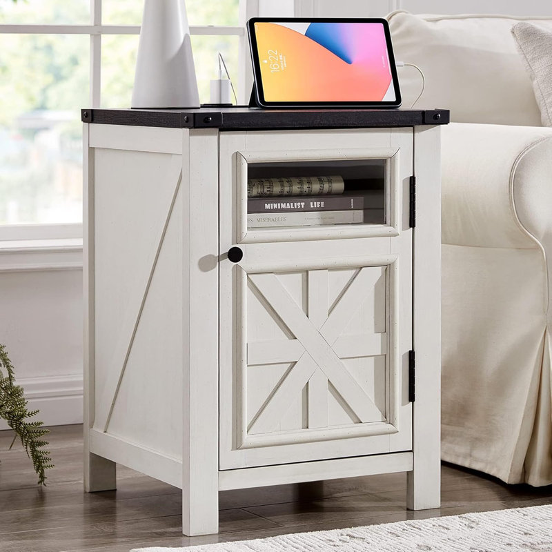 Farmhouse End Table with Charging Station, Wood Nightstand with Adjustable Storage Shelf, White/Black