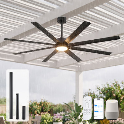 Ventilateur de plafond extérieur étanche de 165 cm avec éclairage et télécommande, grand débit d'air, 8 pales, noir moderne, compatible Alexa/application, variateur 3CCT, moteur CC réversible silencieux à 6 vitesses