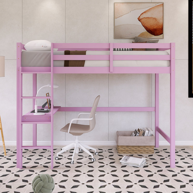 Lit mezzanine simple à structure en bois avec barrière de sécurité et bureau intégré, Rose