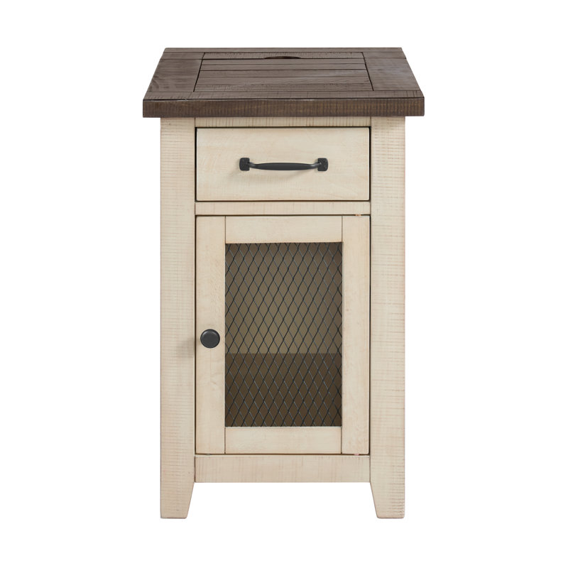 Jakendra Solid Wood End Table with Storage and Built-In Outlets, Brown Top/Cream Base