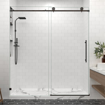 Porte de douche coulissante sans cadre de 61 à 65 po x H 76 po en bronze huilé avec verre trempé transparent de 5/16 po, grand rouleau, fermeture en douceur