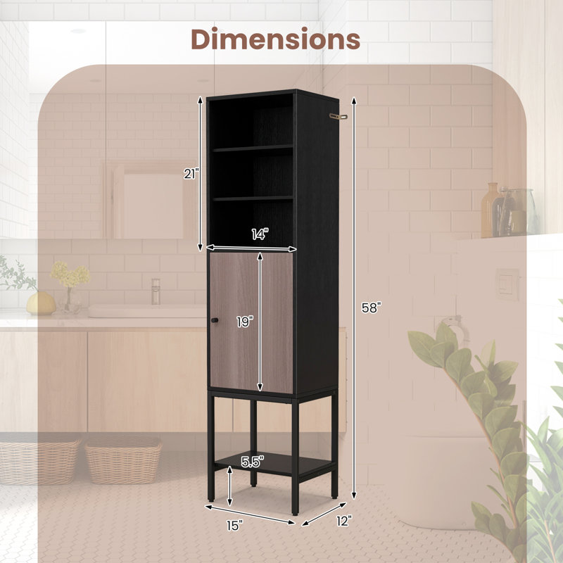 4.8FT Tall Bathroom Storage Cabinet, Freestanding Cupboard w/Door, Adjustable Shelves, Black